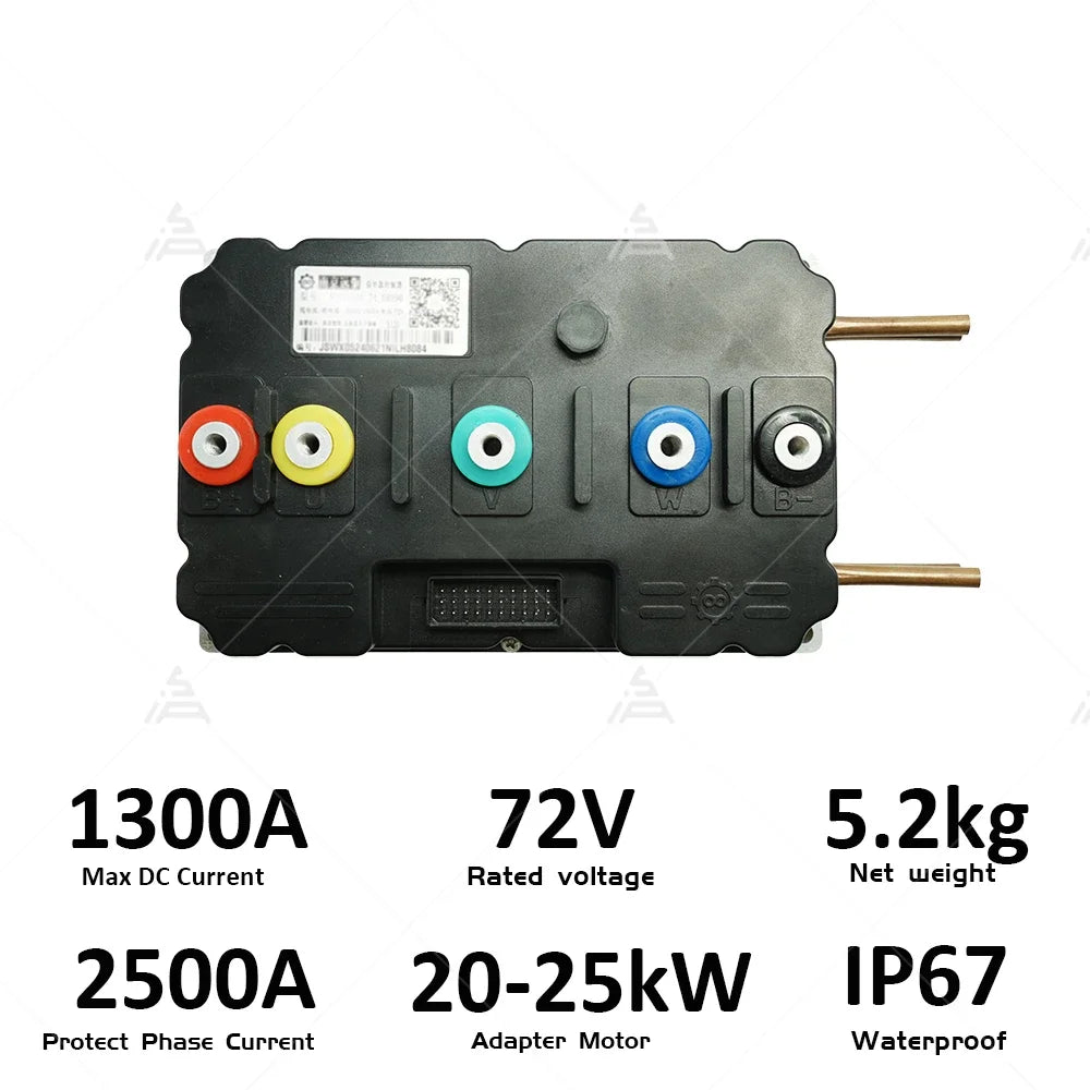 A black industrial electronic module with multicolored terminal connectors and brass output posts, shown on a white background with large technical specs text below.