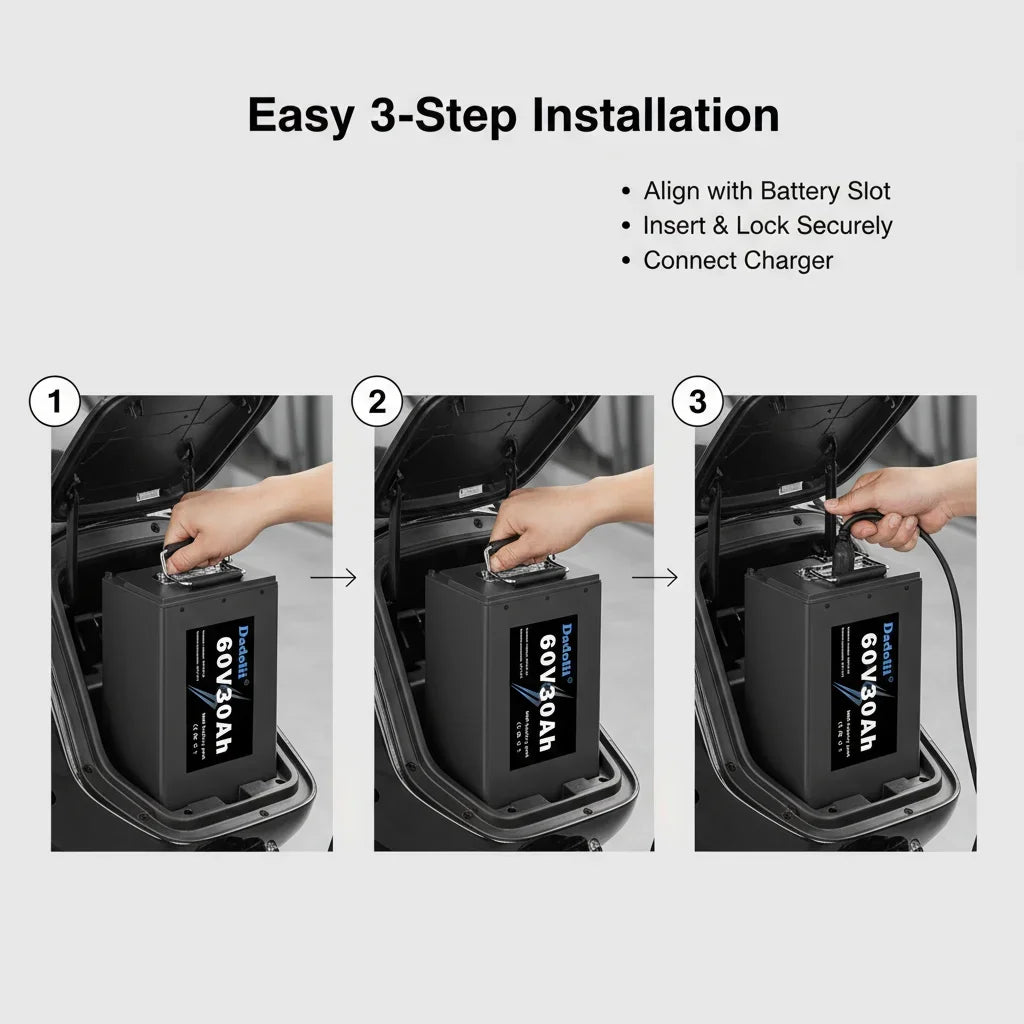 Instruction graphic showing a 60V20AH portable battery in three steps for installation: aligning with the battery slot, inserting and locking securely, and connecting the charger. Includes text 'Easy 3-Step Installation' on a light gray background.