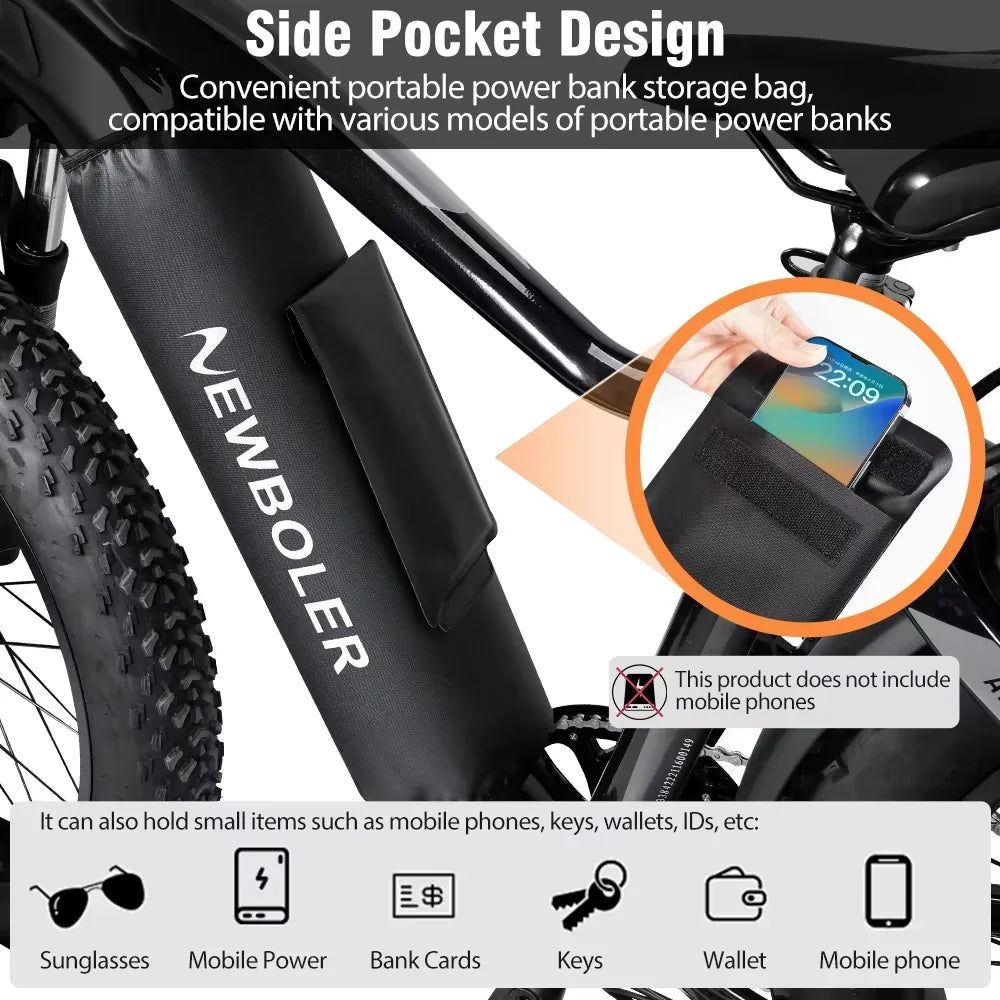 A black bicycle frame accessory pocket labeled 'Side Pocket Design' on a white background, with text explaining portable power bank storage compatibility, a hand demonstrating phone storage in the pocket, and a row of included small items at the bottom.