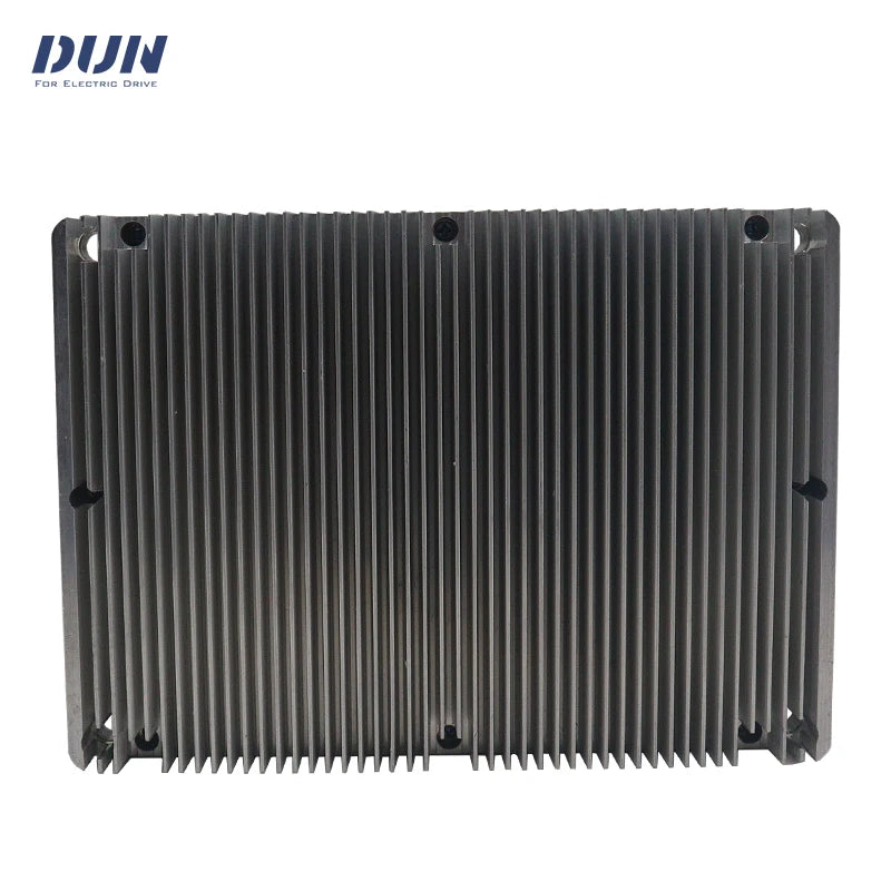 A black aluminum heatsink with a ribbed fin design, shown on a plain white background with a DUN brand logo in the top-left corner.