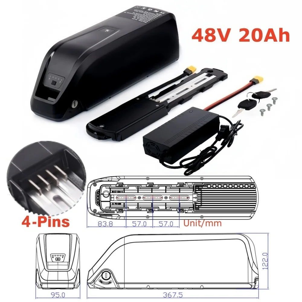48V 20Ah battery pack with accessories and technical drawings on a white background