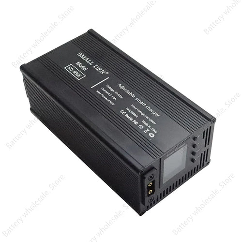 A black rectangular SMALL DEN adjustable smart charger device with ribbed sides, a small display window, and terminal ports on the end, shown on a white background with diagonal watermarks.