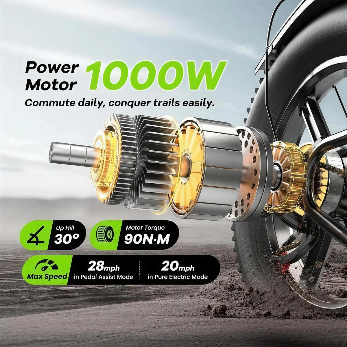 Power motor with specifications on a road background