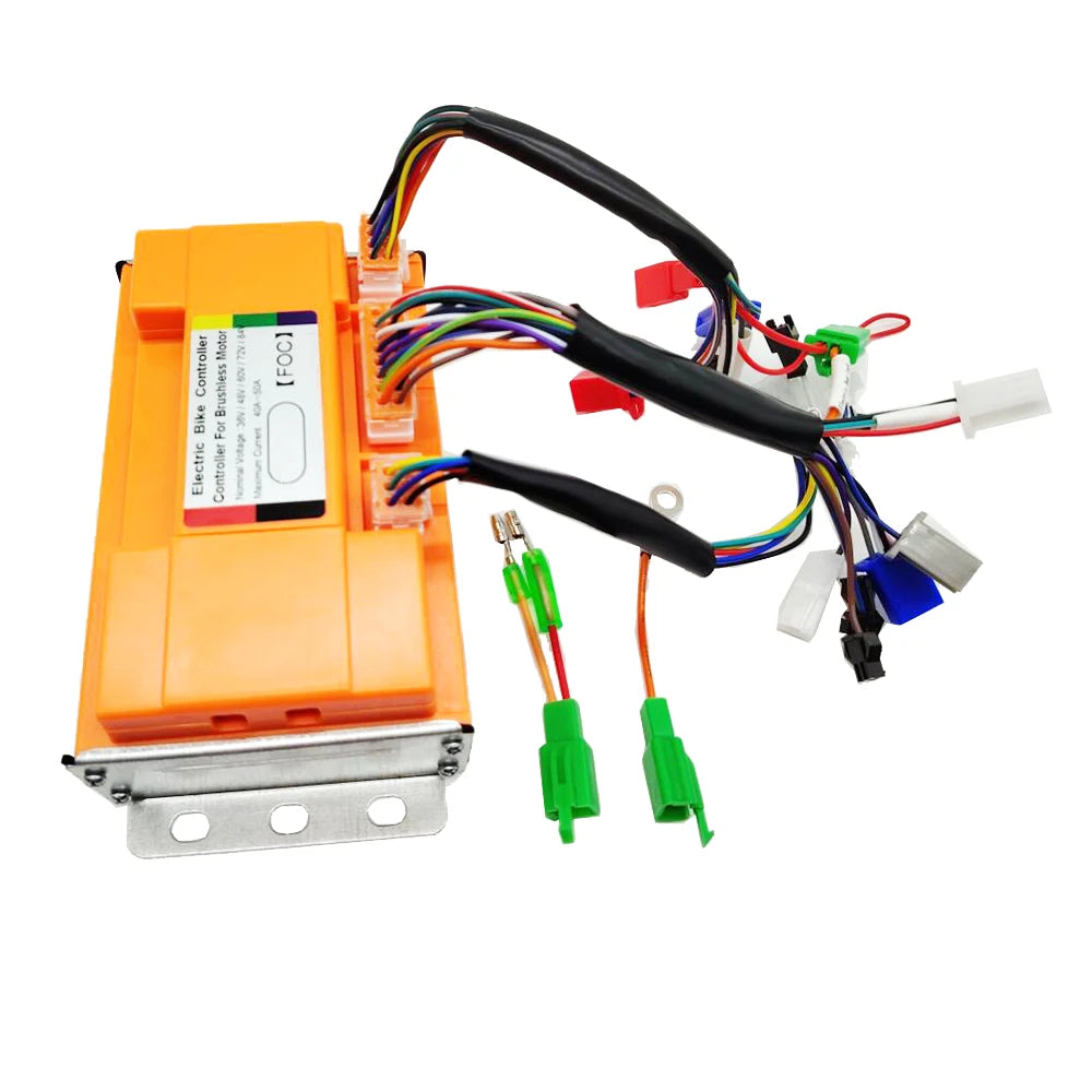 Orange electronic module with wiring harness on a white background