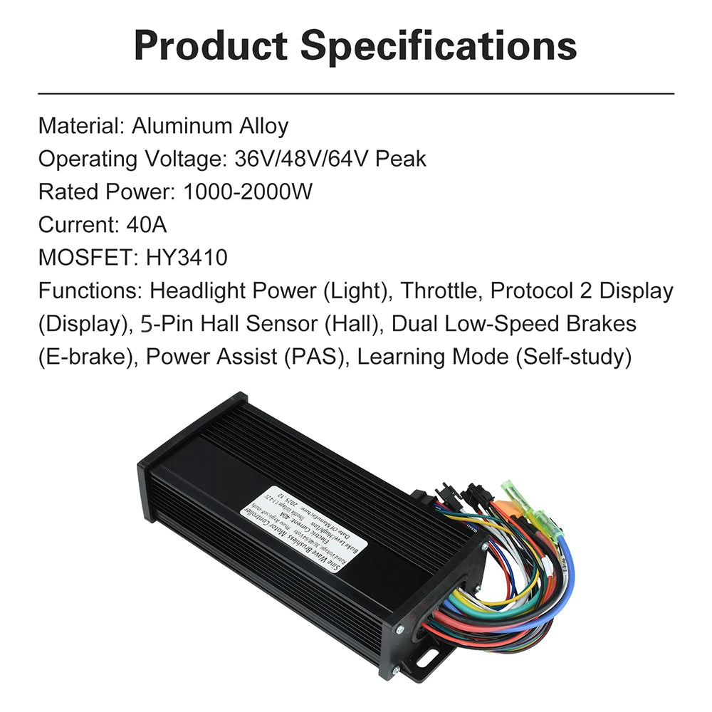 Product specifications text listing details for an automotive electronic control module, with a black rectangular aluminum housing and multicolored wiring harness shown below the text on a white background.