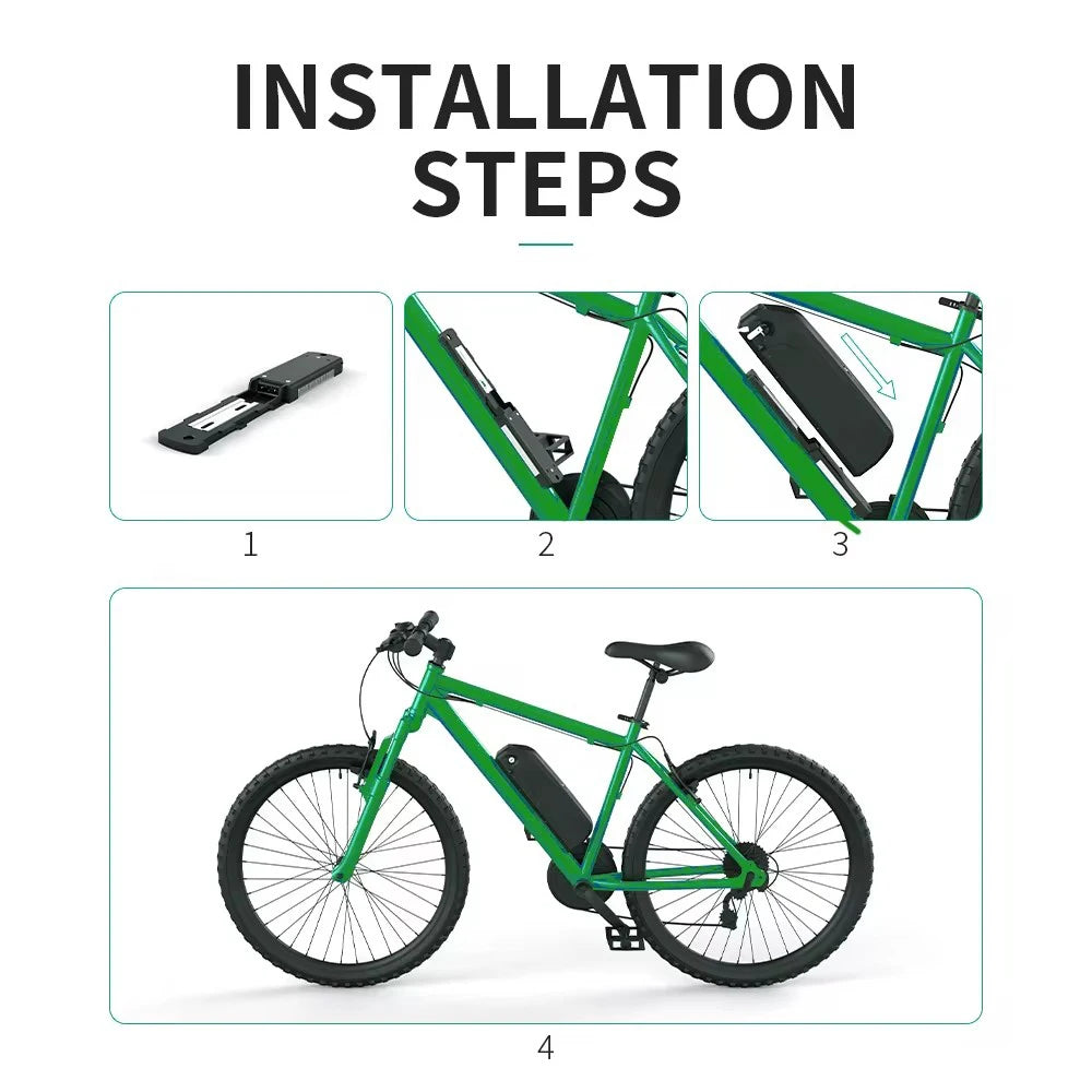 Installation steps diagram showing a green electric bicycle with a battery mounted on the frame, including close-up panels of the battery and frame and a full view of the bike labeled step 4.