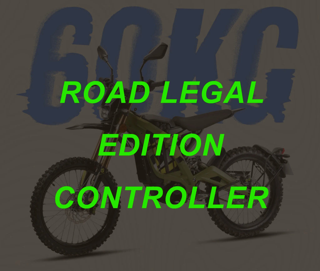 A dark green off-road electric dirt bike with large green text overlay reading 'ROAD LEGAL EDITION CONTROLLER' against a dark gray background with a faint blue logo.