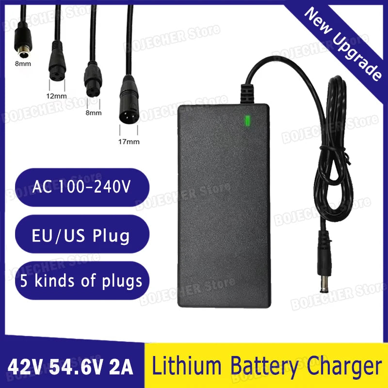 Black lithium battery charger adapter with a coiled power cord and barrel plug, shown on a white background with product feature callouts including AC 100-240V, EU/US plug, 5 kinds of plugs, 42V 54.6V 2A, and a 'New Upgrade' banner.