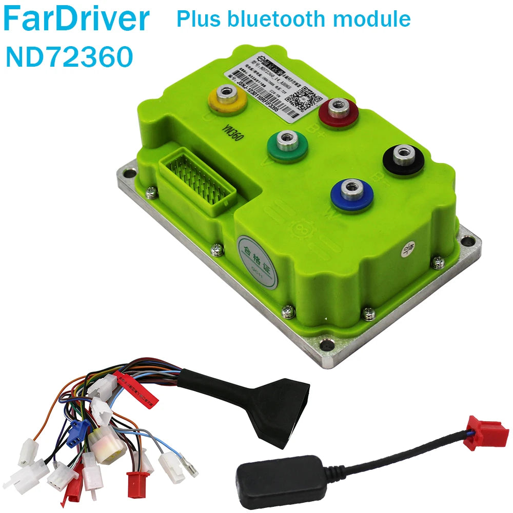 FarDriver ND72360 battery management system module in bright green with a silver metal mounting plate, shown alongside a black inline switch and multi-pin wiring harness on a white background.
