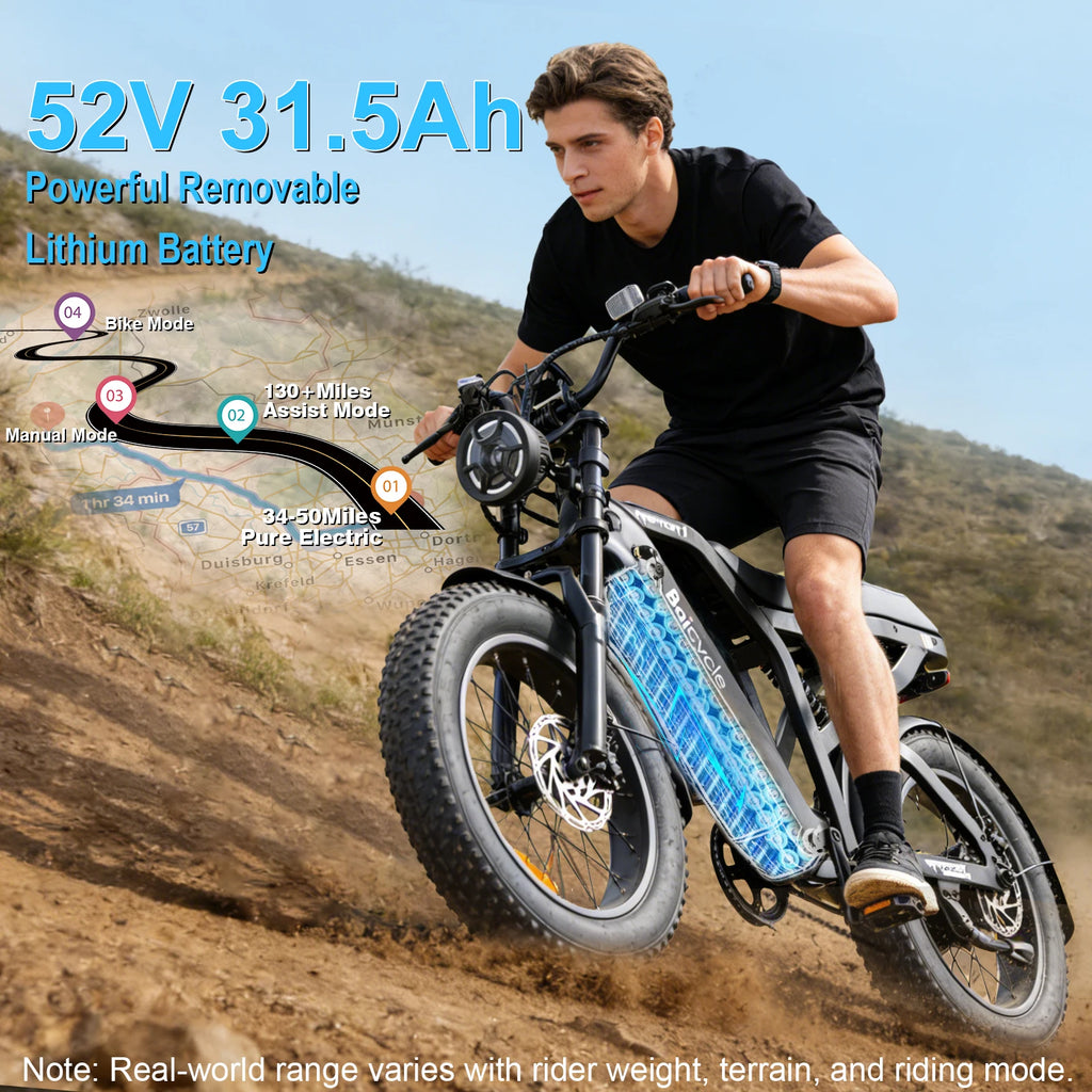 A man riding an electric fat-tire bicycle on a dirt trail, with promotional text overlays highlighting the 52V 31.5Ah removable lithium battery and mode labels.