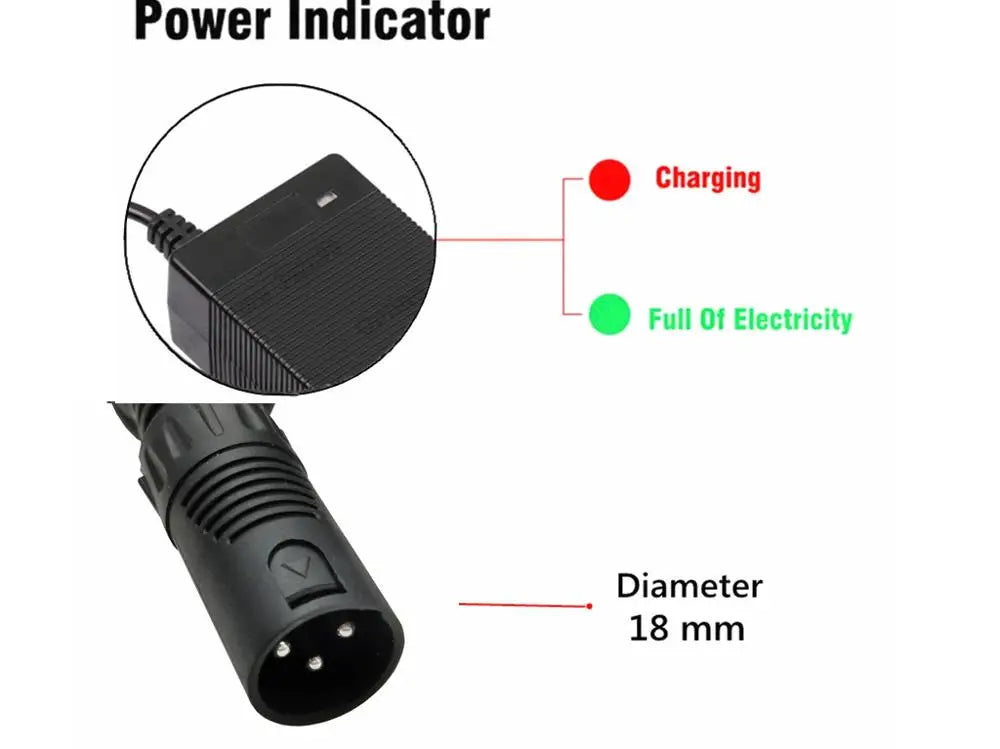 Power adapter with charging and full electricity indicators and a diameter measurement.
