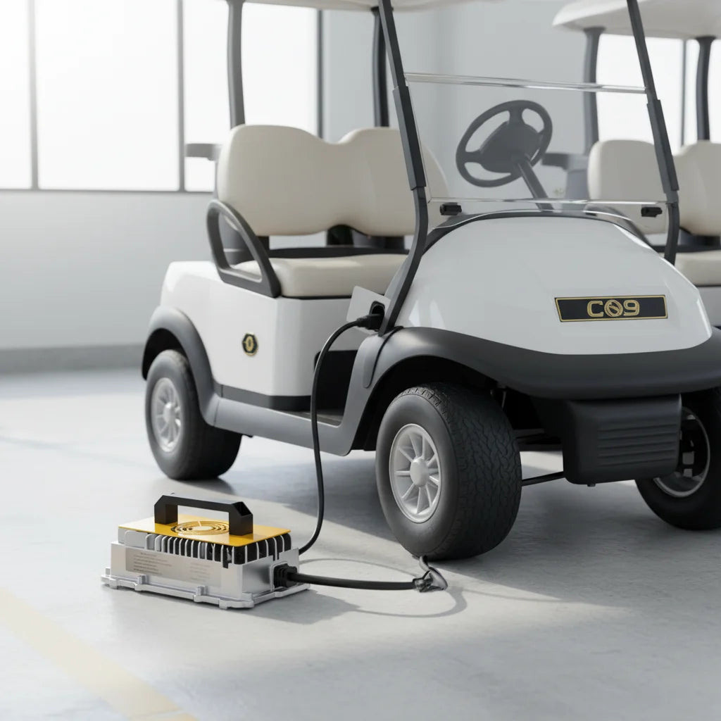 A white and black golf cart with a charging cable plugged into a portable battery pack on the floor, set in a bright indoor showroom. The cart has a visible CGG badge on the front.