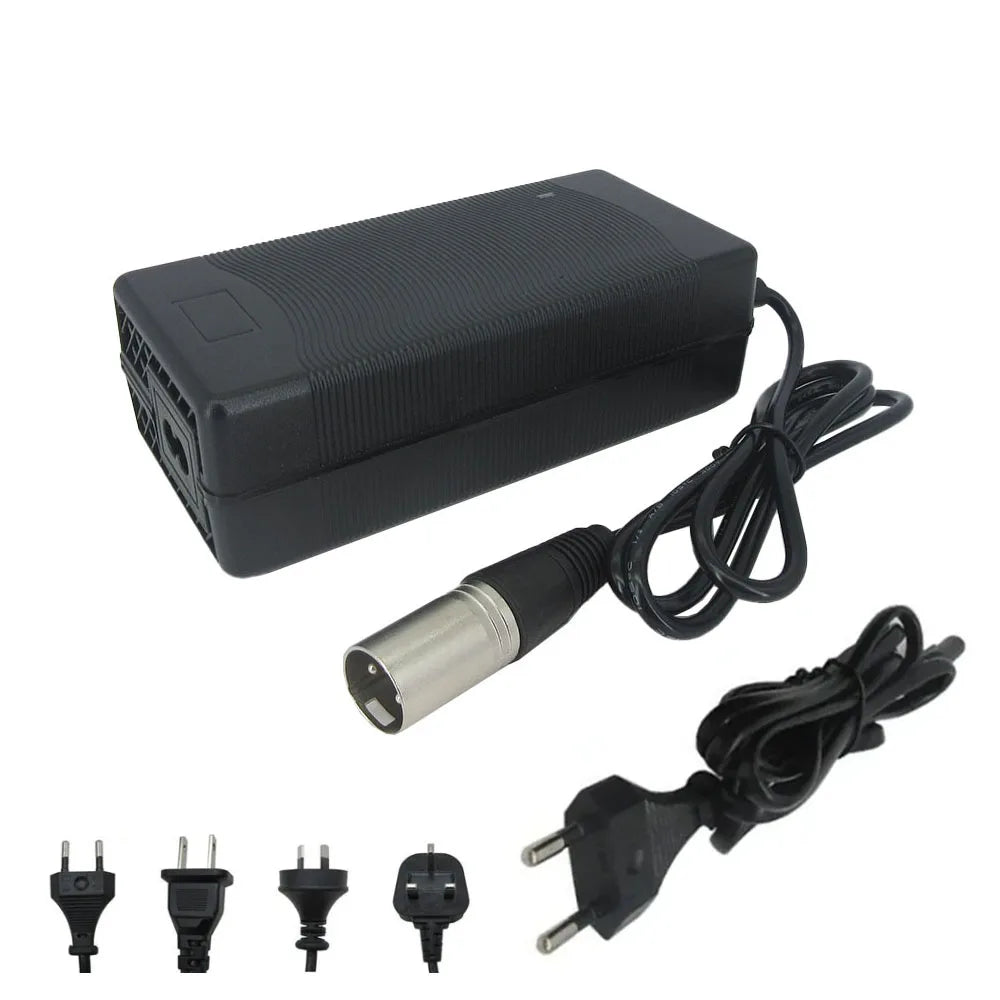 Black rectangular power adapter with a coiled cable, XLR-style connector, and a European two-pin plug, shown on a white background with four smaller plug variants below.