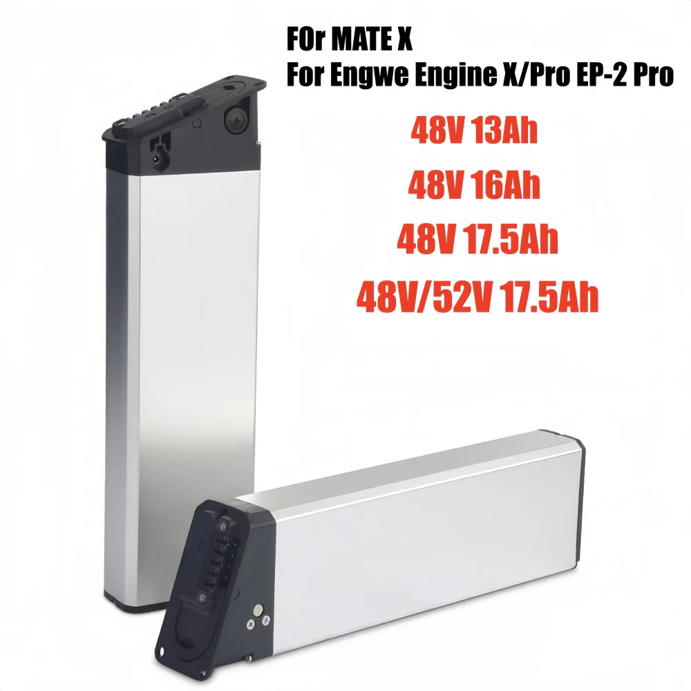 Two silver and black rectangular lithium-ion batteries shown on a white background, with black text listing battery capacities: 48V 13Ah, 48V 16Ah, 48V 17.5Ah, and 48V/52V 17.