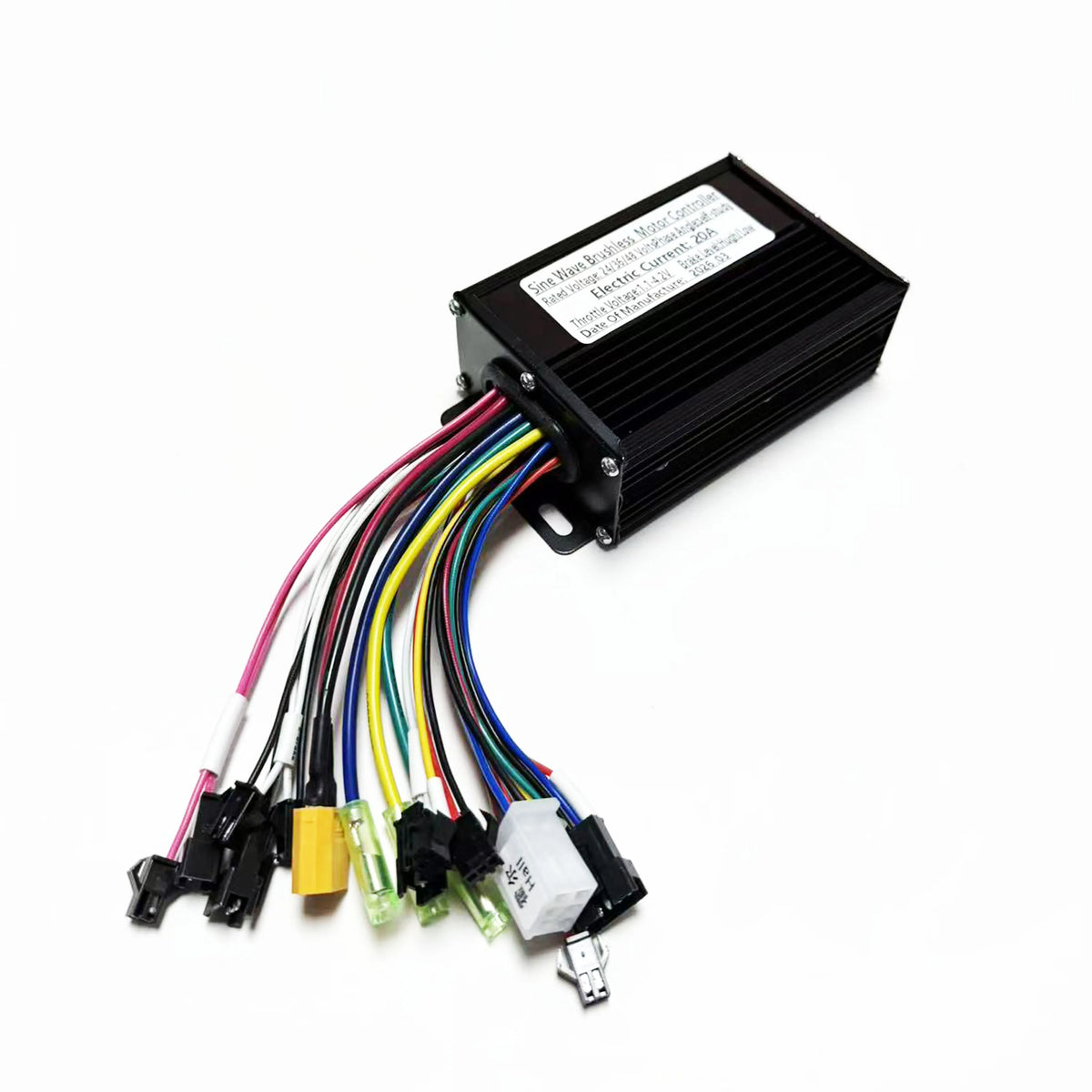 A black rectangular electronic controller module with multiple colored wires and connectors, photographed on a plain white background.