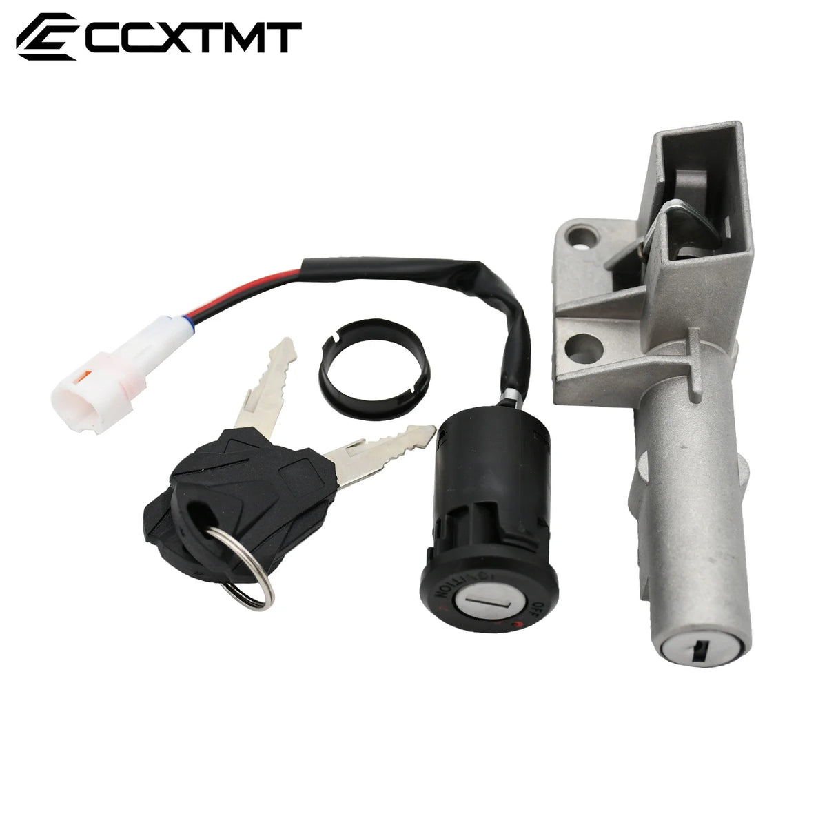 Car ignition switch kit with keys and connectors on a white background, featuring the brand 'CCXTMT'.