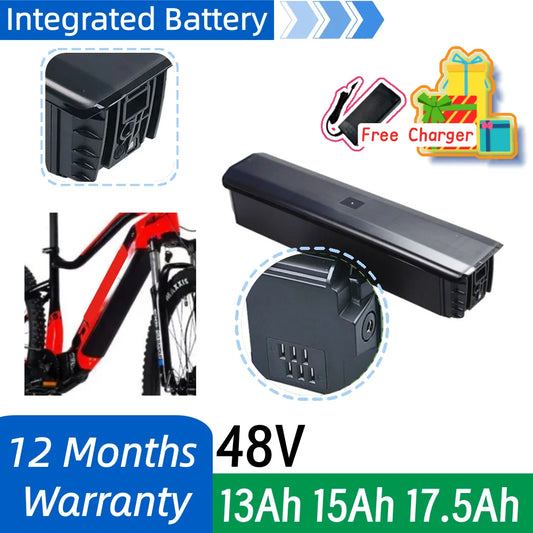 A black integrated bicycle battery pack shown on a white promotional graphic with inset photos of a bicycle frame using it, a close-up of the battery terminals, a free charger icon, and text reading 'Integrated Battery,' 'Free Charger,' '12 Months Warranty,' and battery capacities '48V 13Ah 15Ah 17.5Ah.