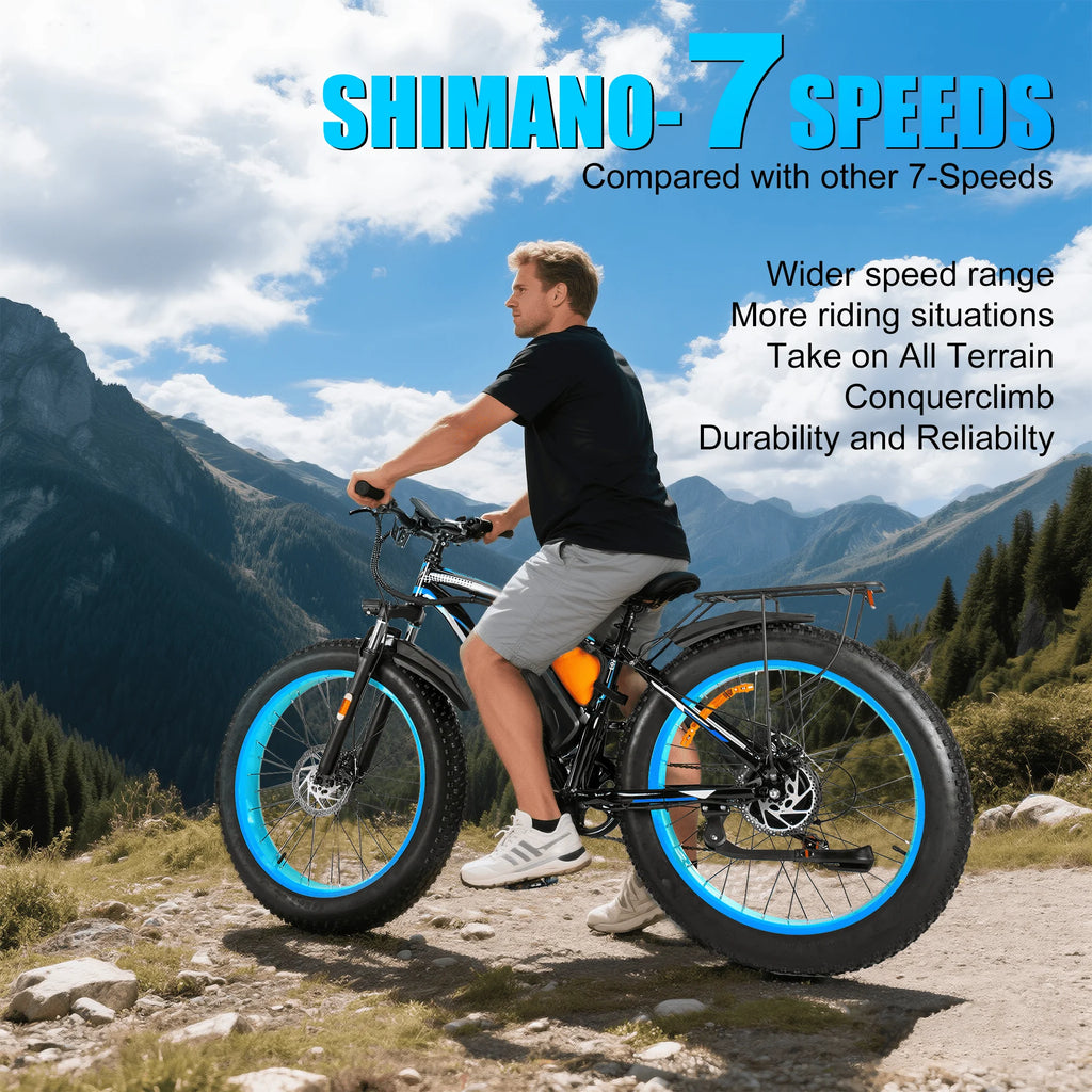 Person riding a Shimano 7-speed bike in a mountainous landscape with promotional text overlay.