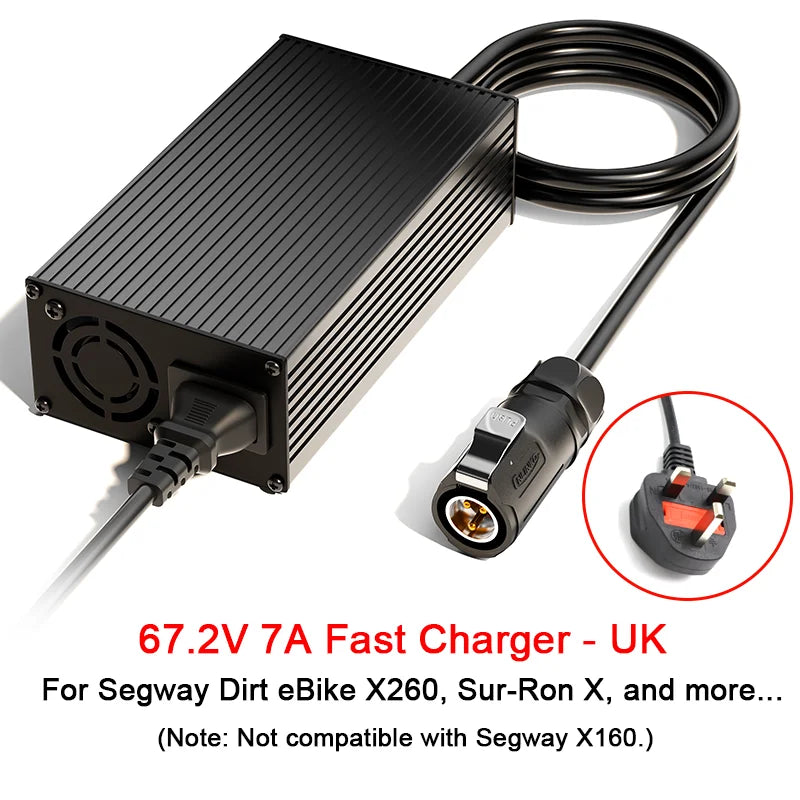 Black 67.2V 7A fast charger adapter for Segway eBikes, featuring a ribbed metal housing, a coiled cable, and a UK three-pin plug shown in an inset circle.