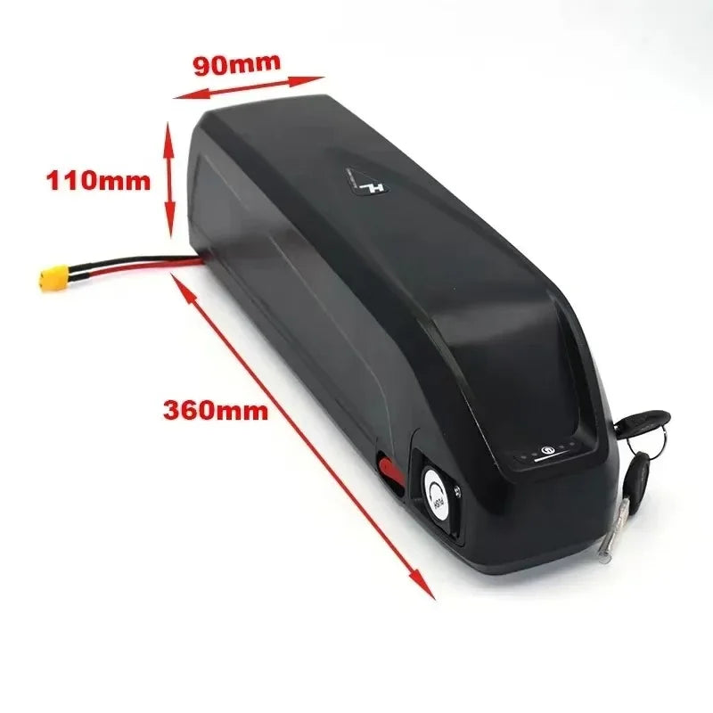 Black rectangular electric bike battery with red and black wires, keys, and red dimension arrows showing 90mm, 110mm, and 360mm measurements on a white background.