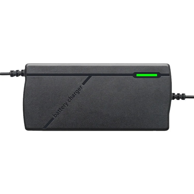Black battery charger with green indicator light on a white background