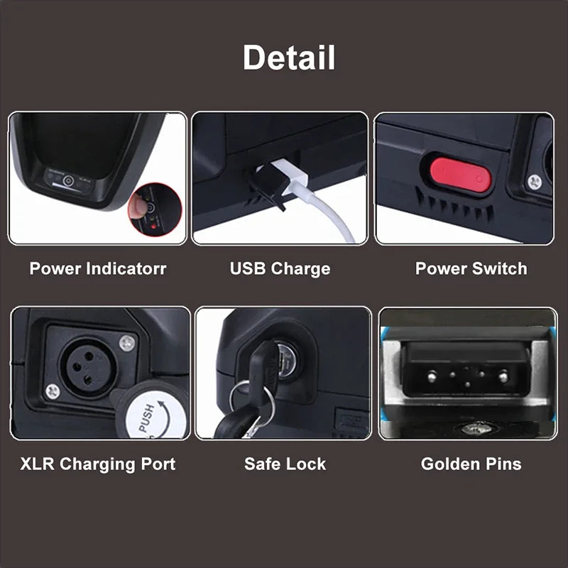ChamRider 48V 45Ah huge capacity Hailong ebike battery showing side USB charging port interface