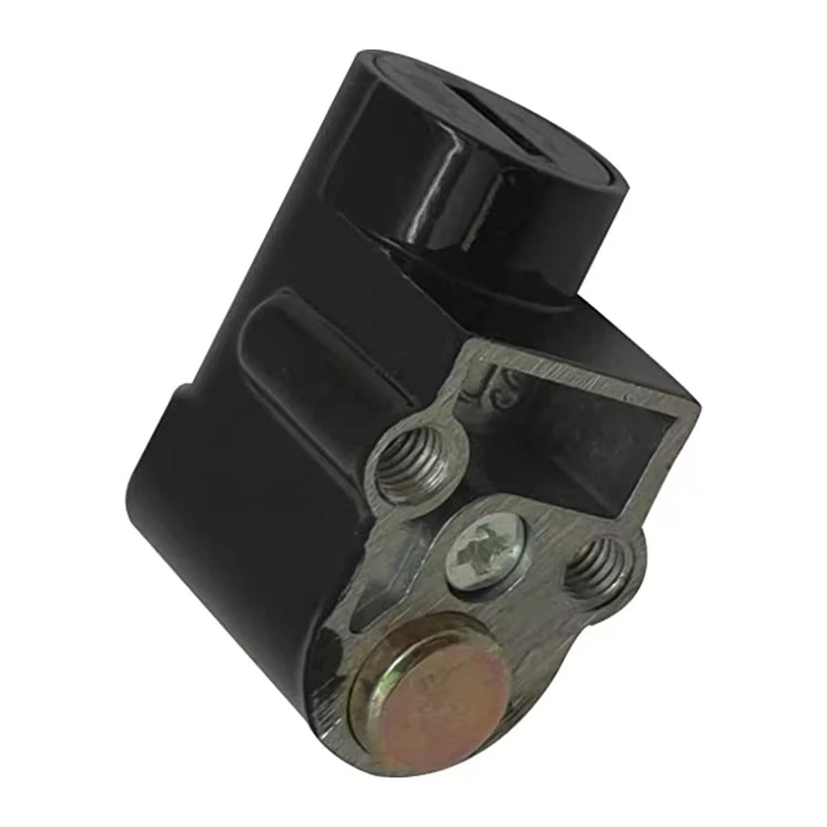 A black plastic and metal mechanical component, likely a valve or connector, shown on a plain white background.