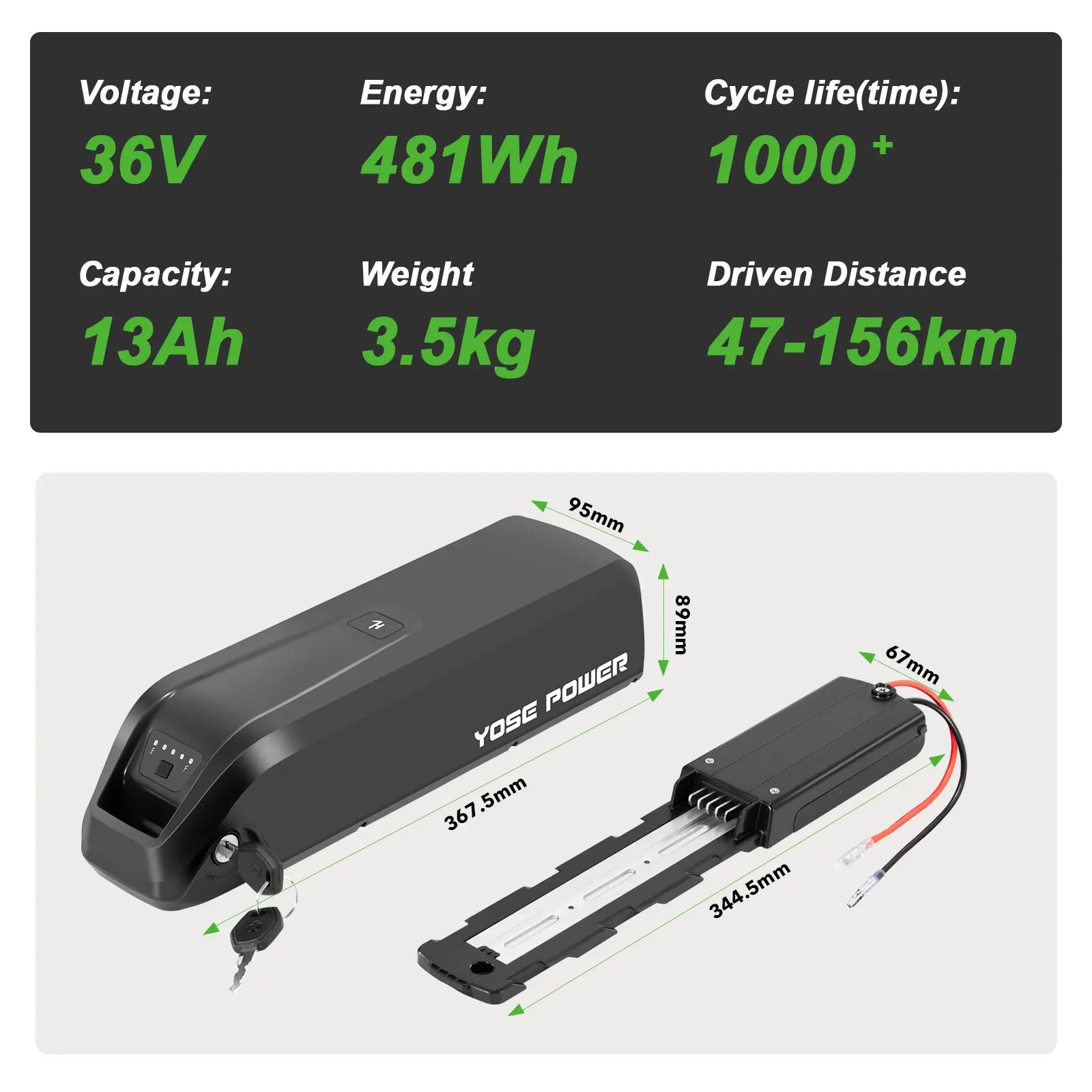 Yose Power electric bicycle battery product diagram with dimensions, capacity specs, and a key on a light gray background, with a dark specification panel at the top.