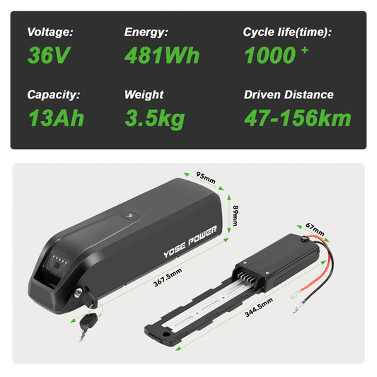 Yose Power electric bicycle battery product diagram with dimensions, capacity specs, and a key on a light gray background, with a dark specification panel at the top.