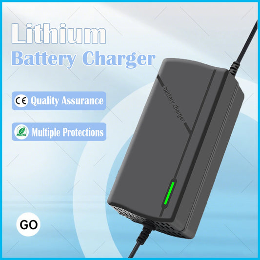 A dark gray lithium battery charger with a black cable, shown on a light blue and white graphic background with text overlays reading 'Lithium Battery Charger', 'Quality Assurance', 'Multiple Protections', and a 'GO' badge.