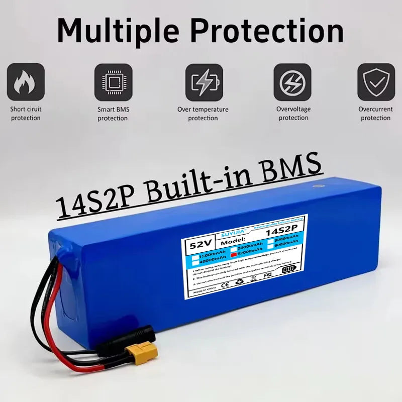 A blue 14S2P built-in BMS lithium-ion battery pack with red and black wires and a gold connector, shown on a light gray background with feature icons and text reading 'Multiple Protection' and '14S2P Built-in BMS'.