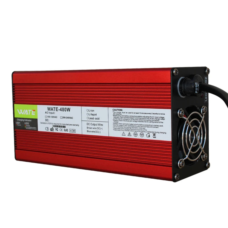 Red power supply unit with visible branding and specifications on a white background