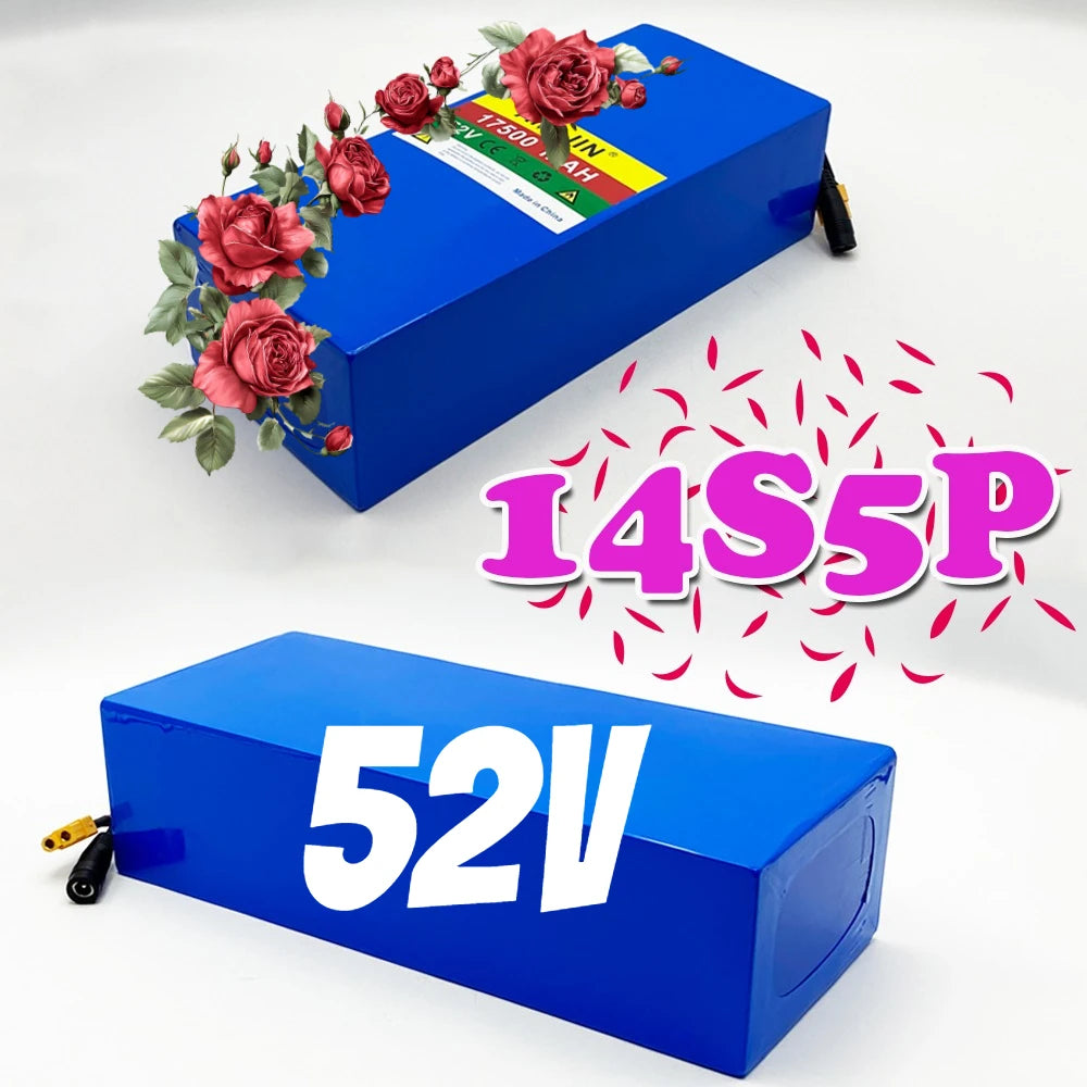 Two blue rectangular lithium-ion battery packs on a white background, one with red roses and a small label, and the other with large white '52V' text. Pink '14S5P' text appears beside them.