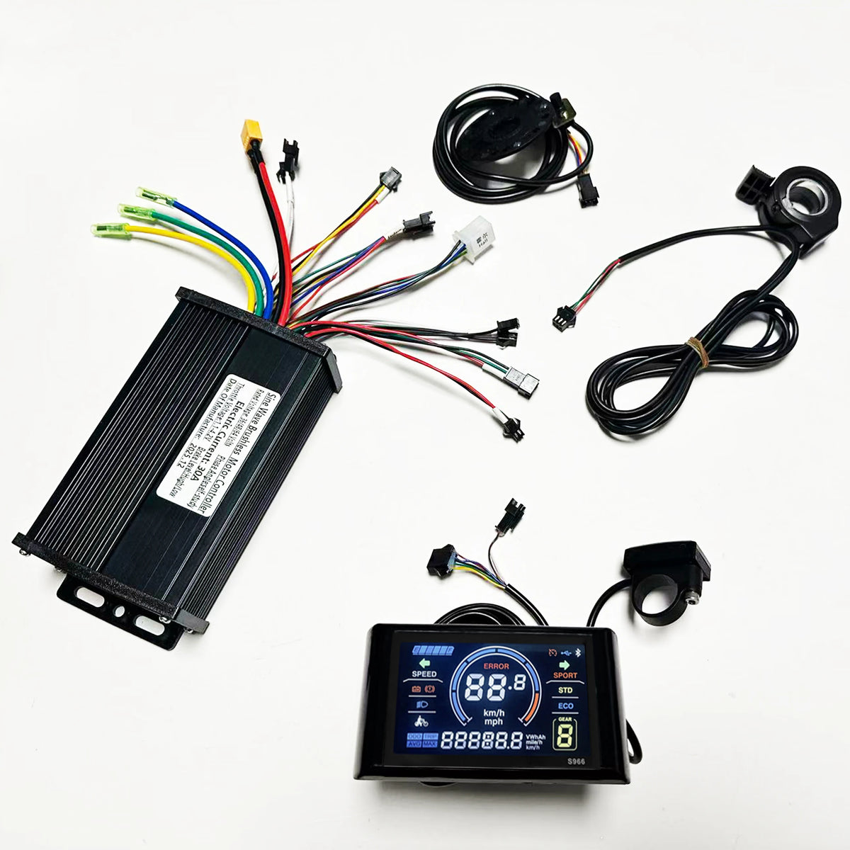 An electric scooter or e-bike electronic control system kit on a white background, including a black main controller with multicolored wires, a digital display screen, a black wheel speed sensor, a black throttle or switch cable, and other wiring harnesses.