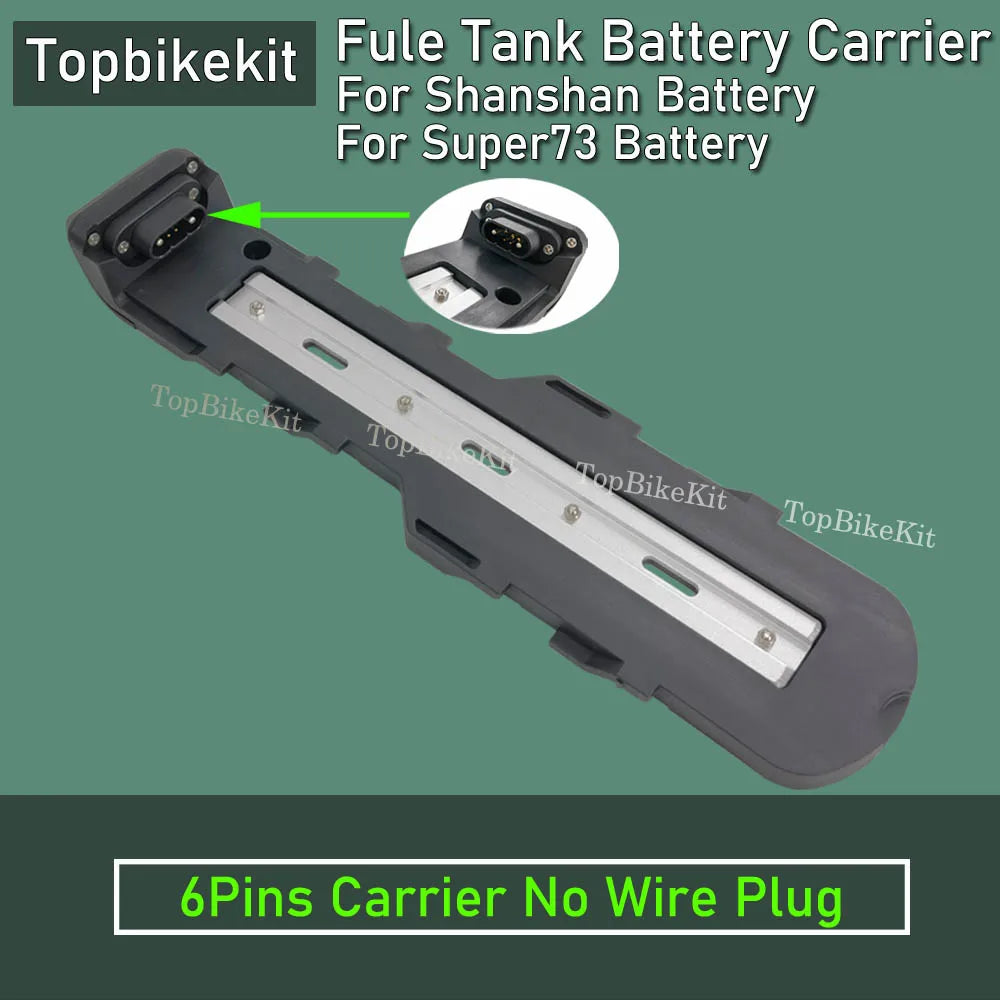 A 6-pin battery carrier clip for Shanshan and Super 73 batteries, shown on a solid green background with text overlays and a circular inset showing the connector.