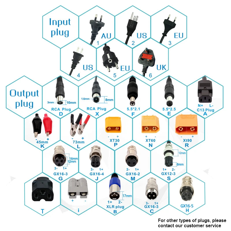 Illustration of various plug types with labels on a white background