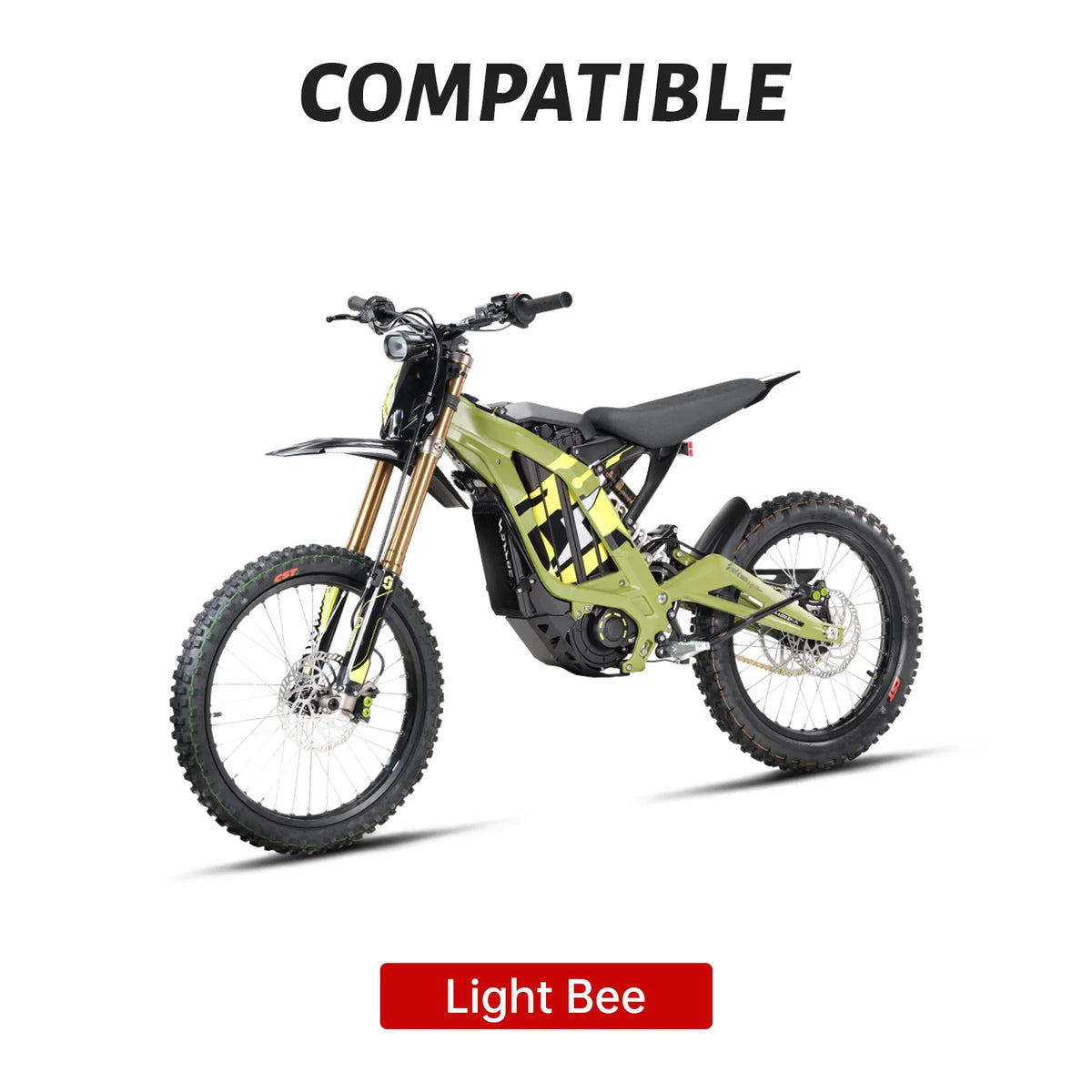 A light olive green and black electric dirt bike shown on a white background with 'COMPATIBLE' text at the top and a red label reading 'Light Bee' at the bottom.