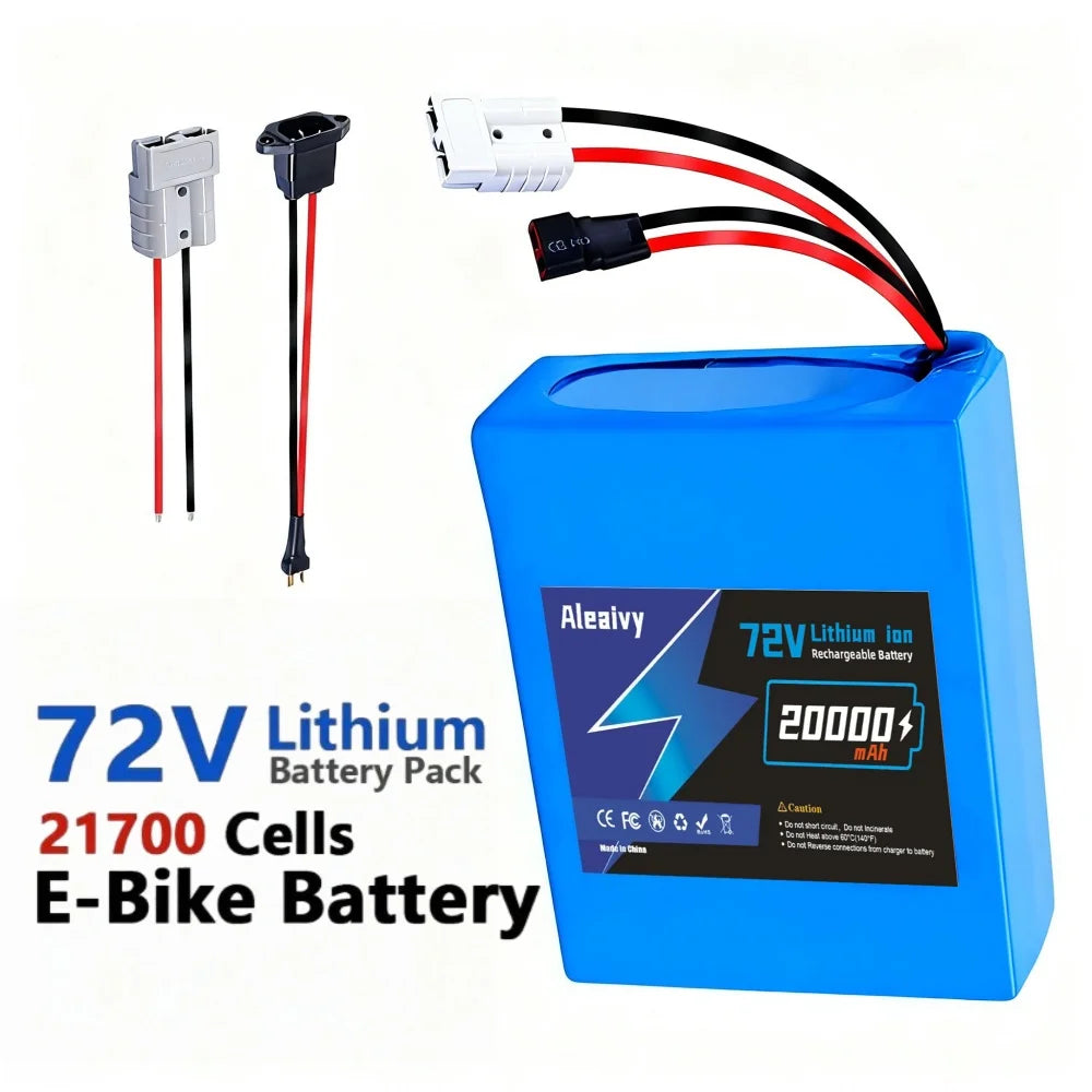 A blue 72V 20000mAh lithium-ion e-bike battery pack by Aleavy, shown with its attached red and black cables and connector plugs on a white background with product text overlays.