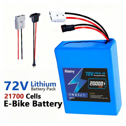 A blue 72V 20000mAh lithium-ion e-bike battery pack by Aleavy, shown with its attached red and black cables and connector plugs on a white background with product text overlays.
