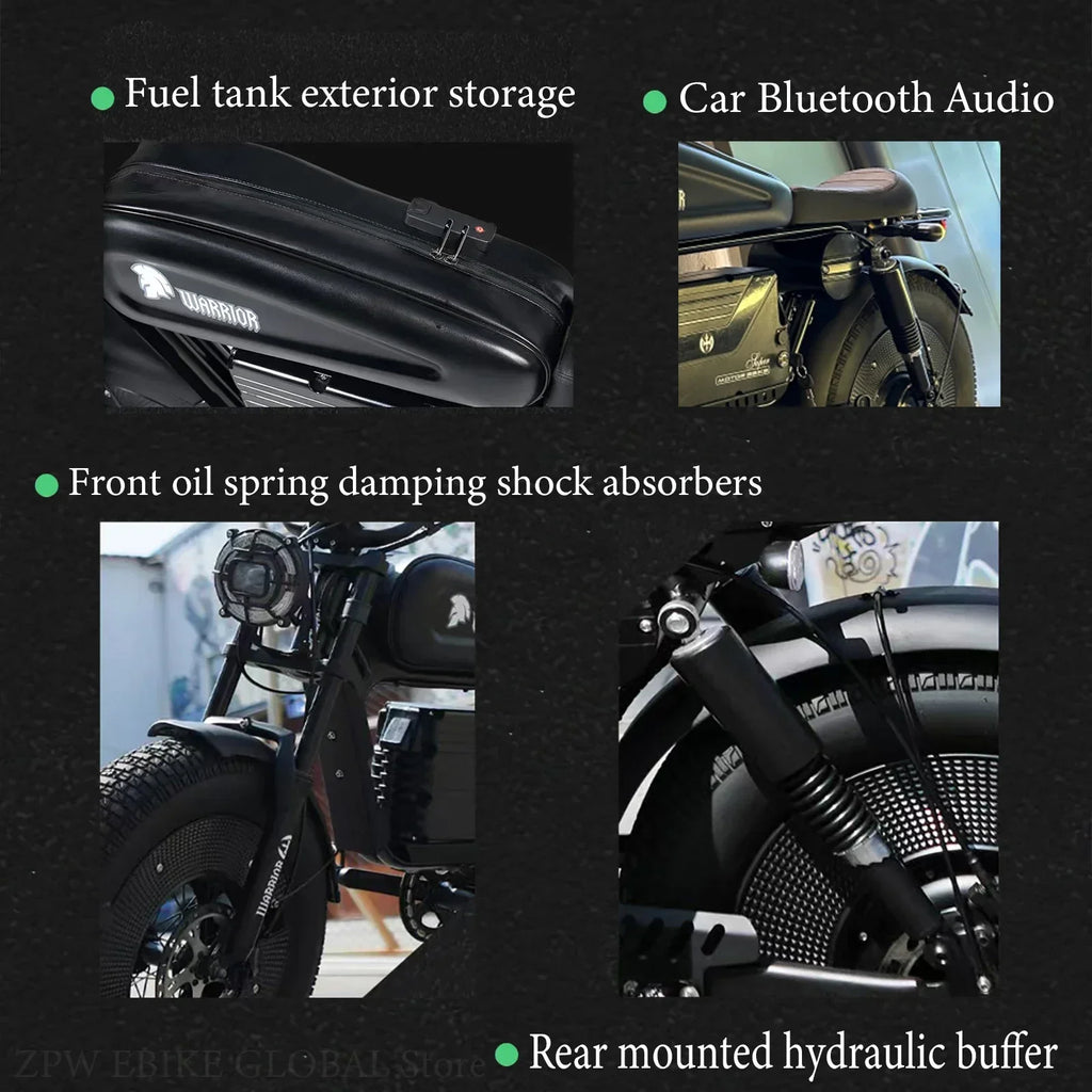 Motorcycle parts with labels on a black background