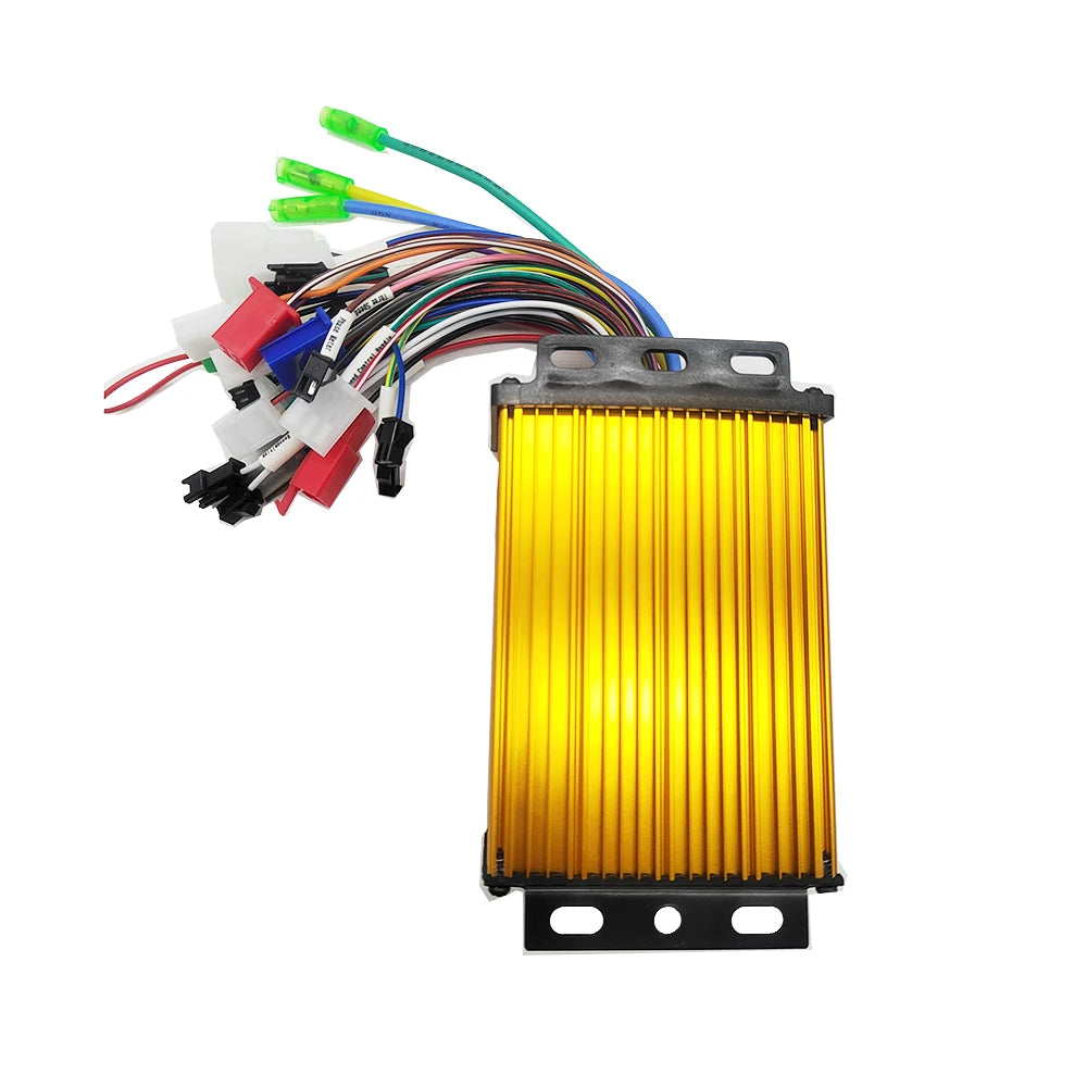 An electronic control module with a ribbed yellow aluminum heat sink, black mounting brackets, and multiple colored wires with connectors, shown on a plain white background.