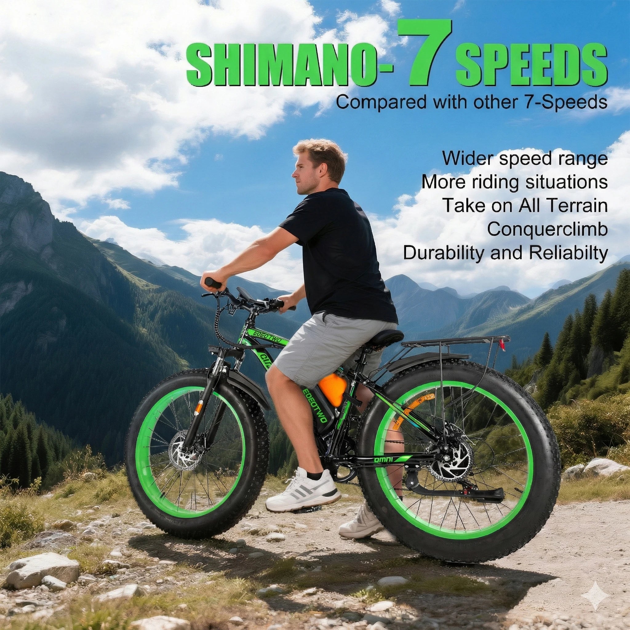 Man riding a green mountain bike with Shimano 7-speeds on a mountain trail