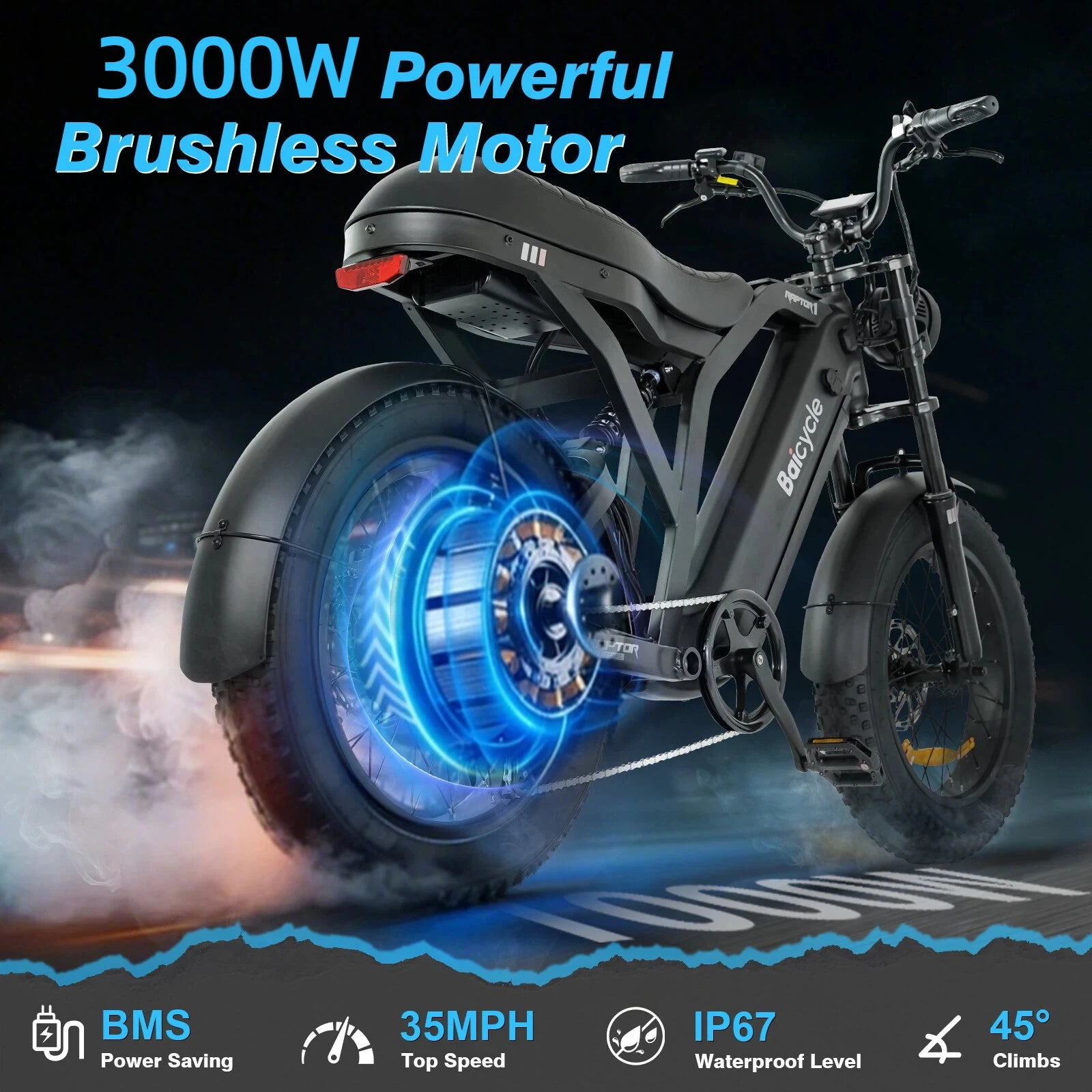 A black electric bicycle with a large rear fender and exposed blue glowing wheel motor area, shown on a dark smoky background with promotional text including '3000W Powerful Brushless Motor' and feature icons at the bottom.
