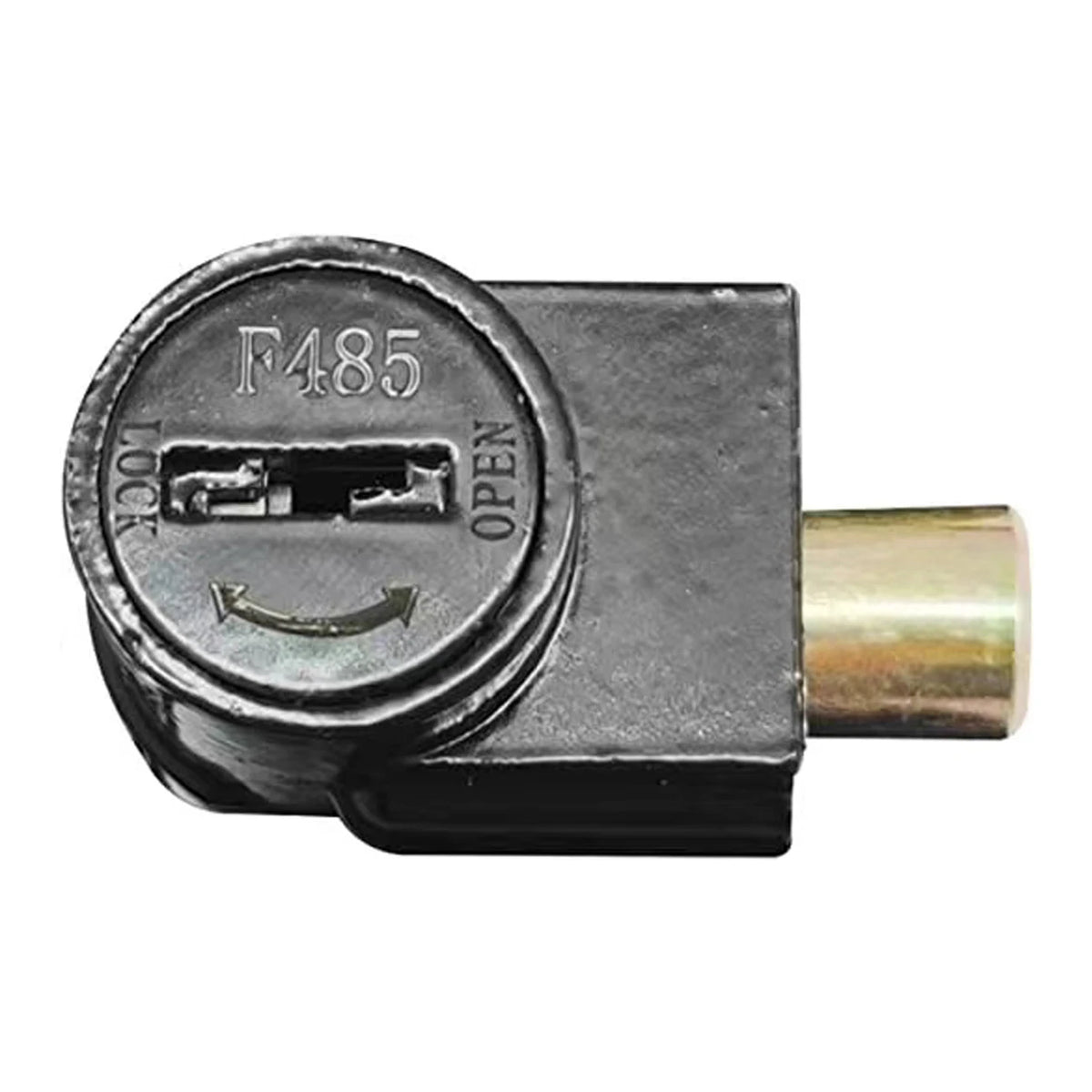 A black metal automotive key cylinder lock with a brass key shank, featuring the stamped text 'F485', 'LOCK', and 'OPEN' on the lock face.