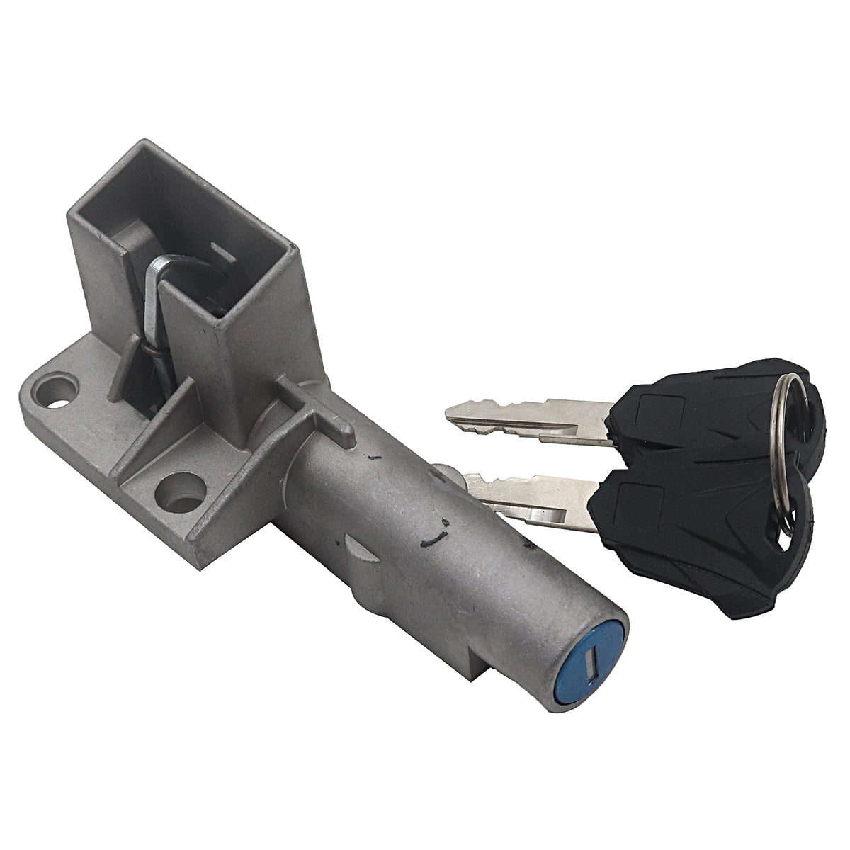 A metal lock cylinder assembly with a mounting bracket and two keys, shown on a plain white background.