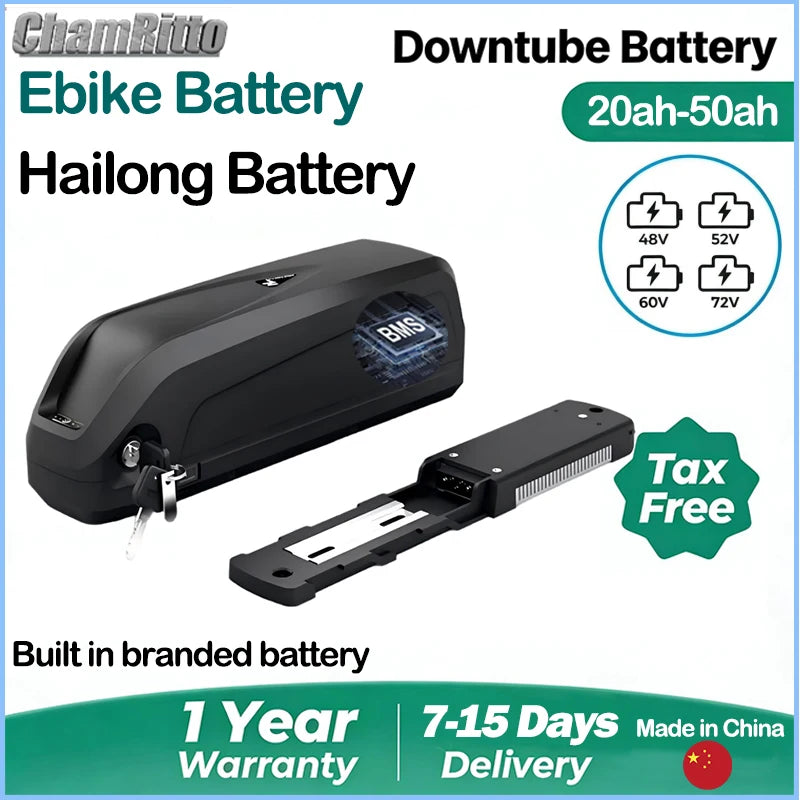 ChamRito Ebike Battery Hailong Battery 20ah-50ah, showing a black cylindrical battery with a digital display and a separate battery terminal piece, on a white background with promotional text and badges.