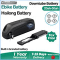 ChamRito Ebike Battery Hailong Battery 20ah-50ah, showing a black cylindrical battery with a digital display and a separate battery terminal piece, on a white background with promotional text and badges.
