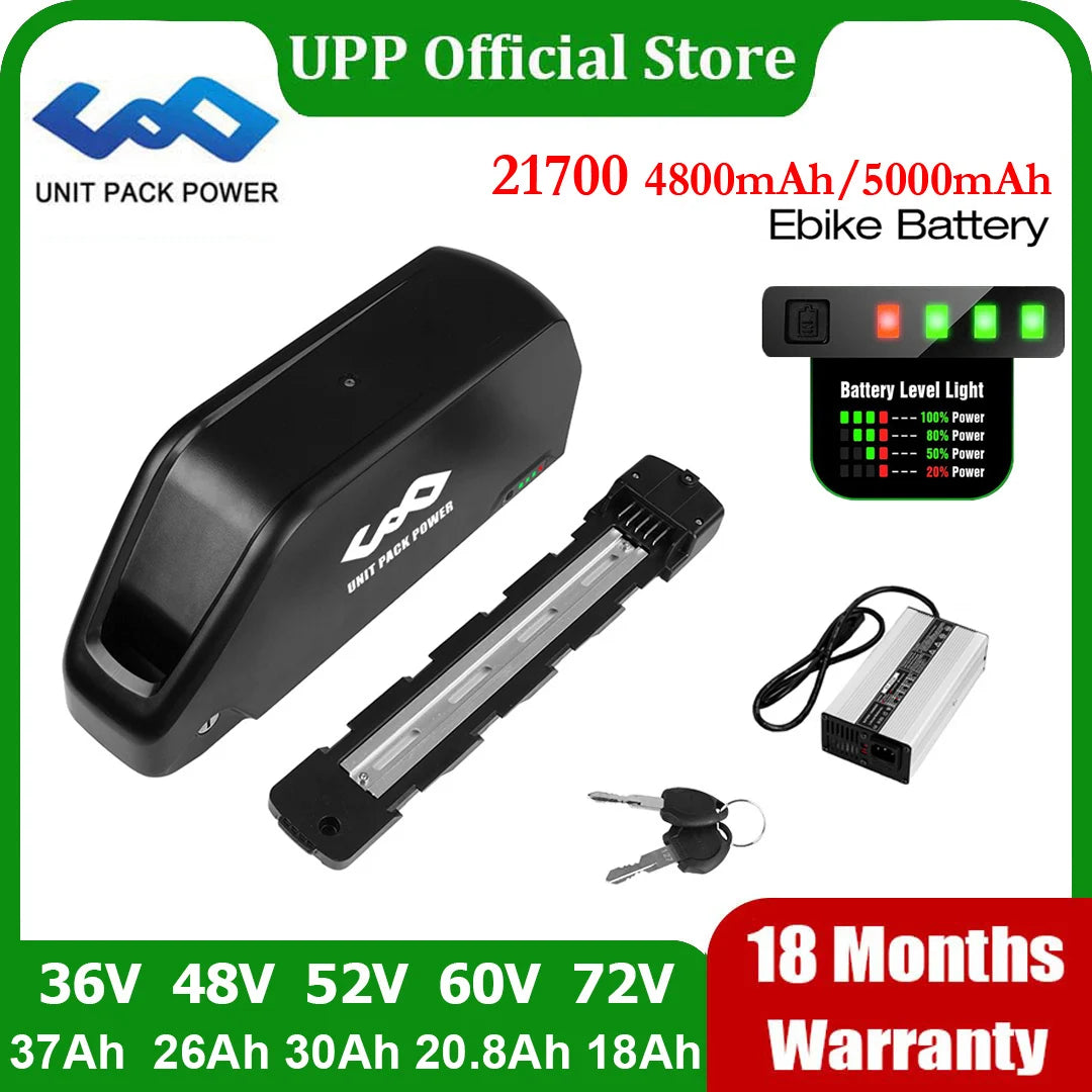 UNITPACKPOWER Polly downtube ebike battery pack with integrated key lock and 21700 Samsung cells