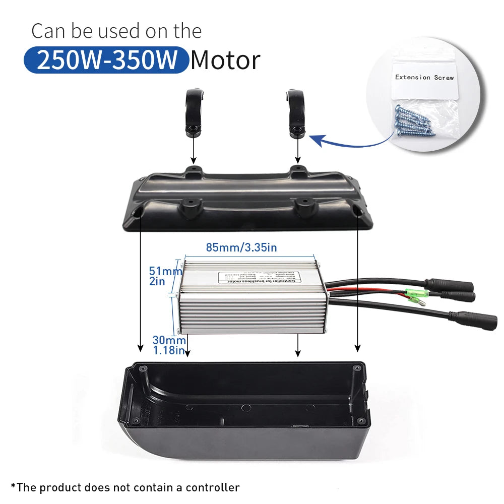 A 250W-350W brushed DC motor driver power supply kit shown in an exploded view with dimension measurements (85mm/3.35in length, 51mm/2in width, 30mm/1.