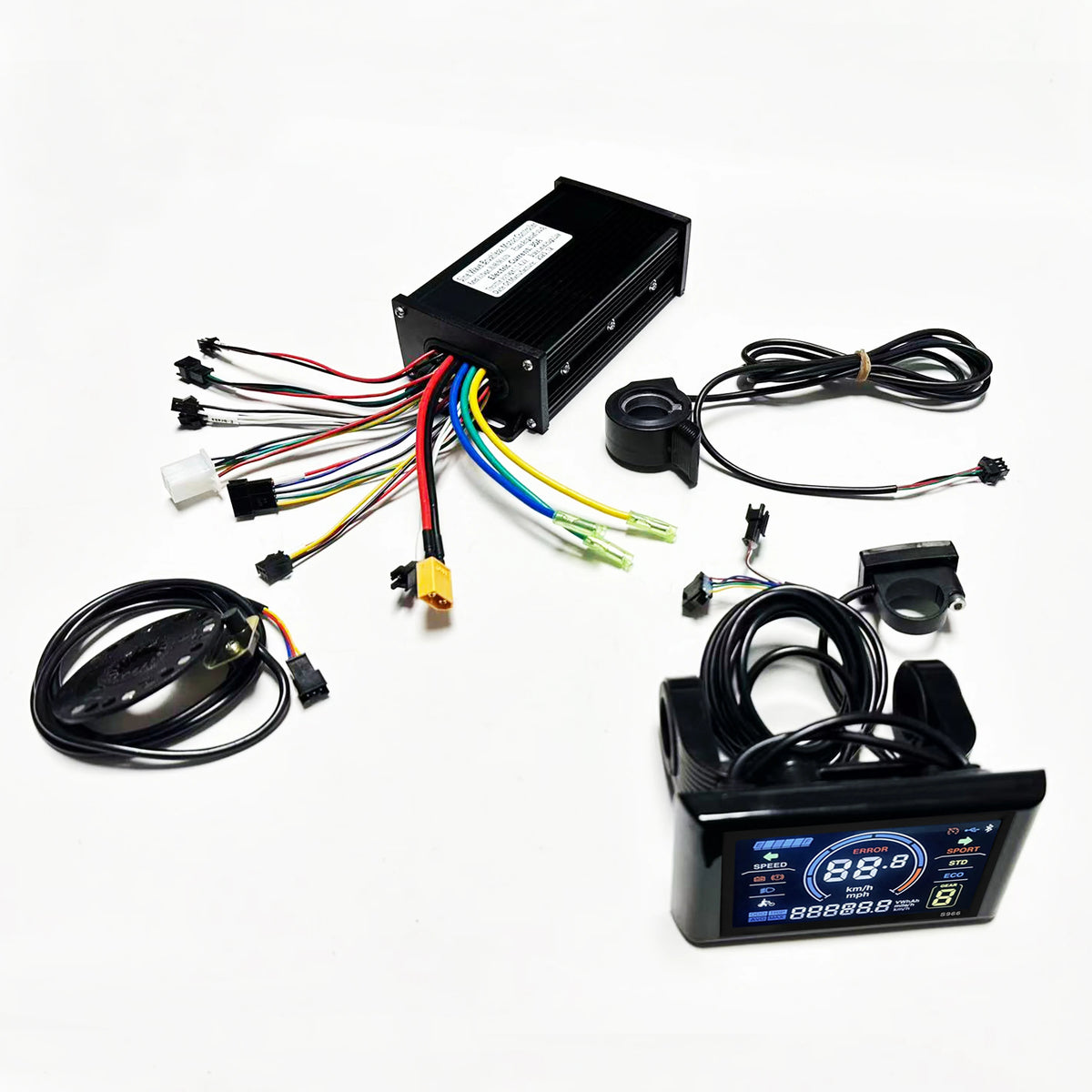 Car speedometer dash board display kit with a black control box, wiring harness, sensors, and a digital LCD screen module on a white background.